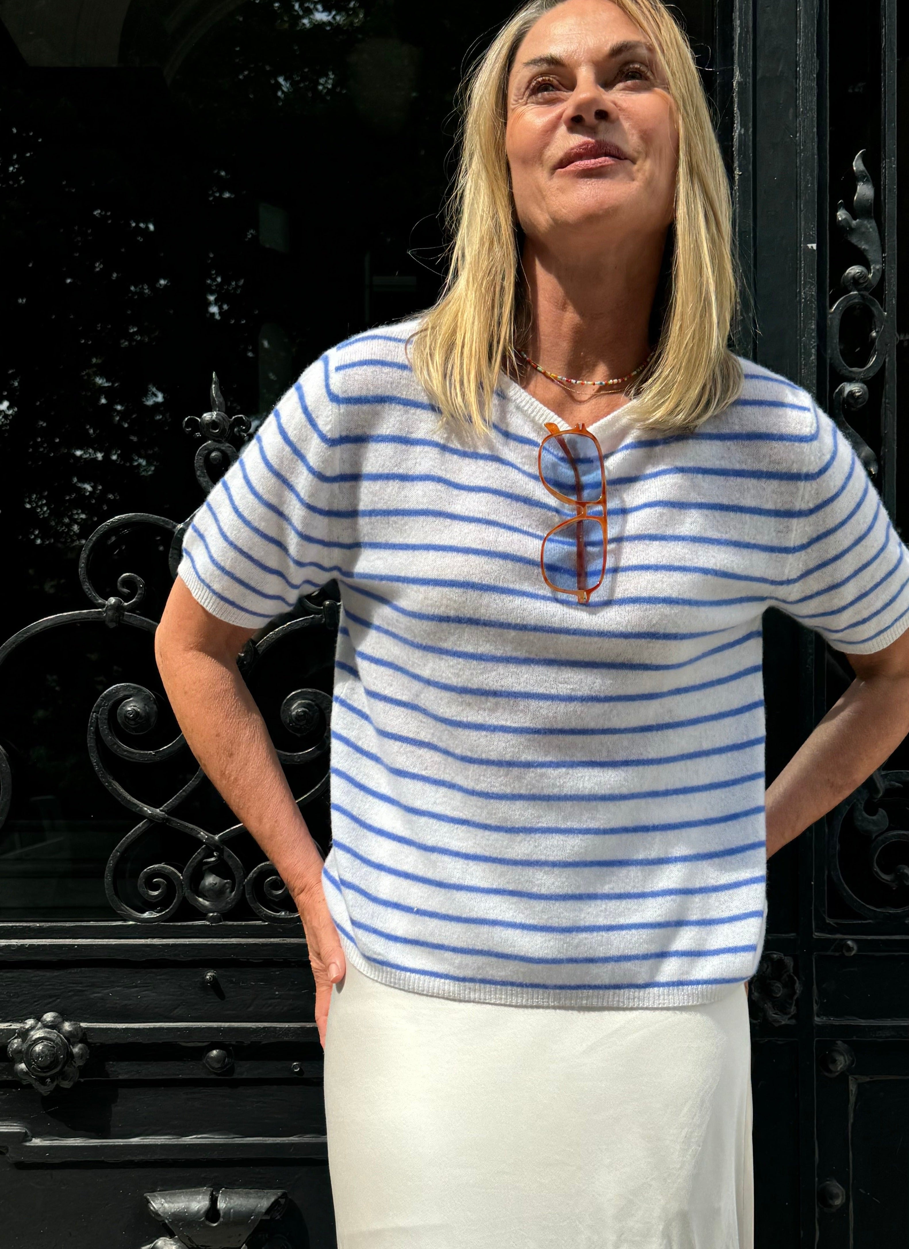 striped Strick-Shirt aus Cashmere-Merino, panna/riviera