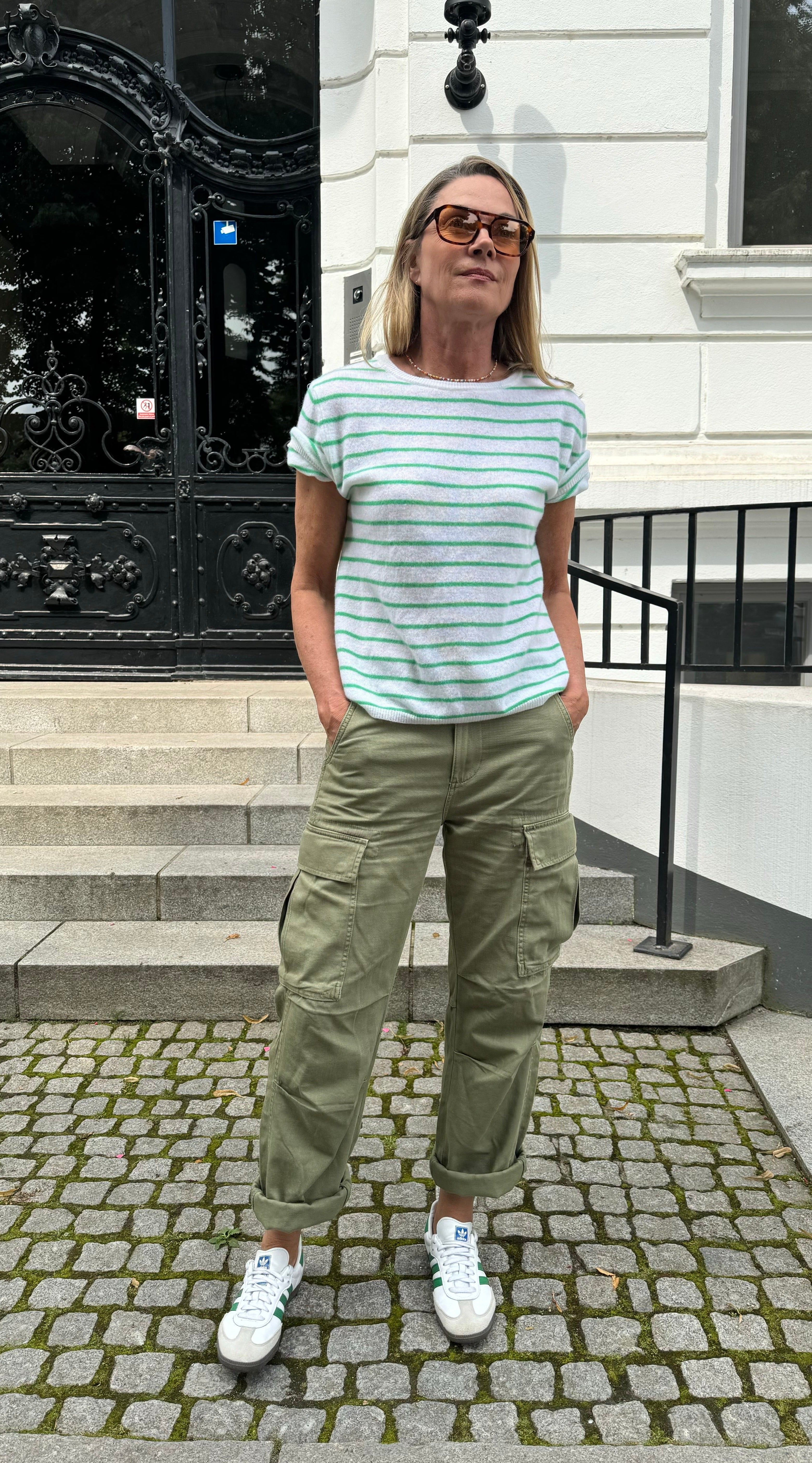 striped Strick-Shirt aus Cashmere-Merino, panna/verde amalfi