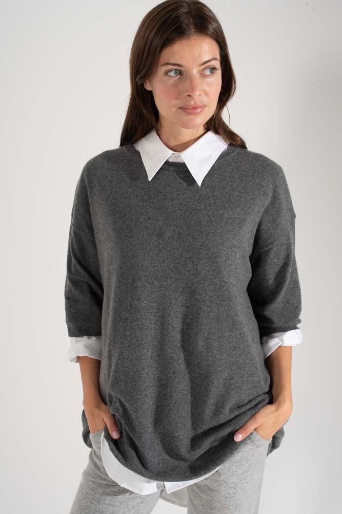 short sleeved Strick-Shirt aus Cashmix, dark grey melange