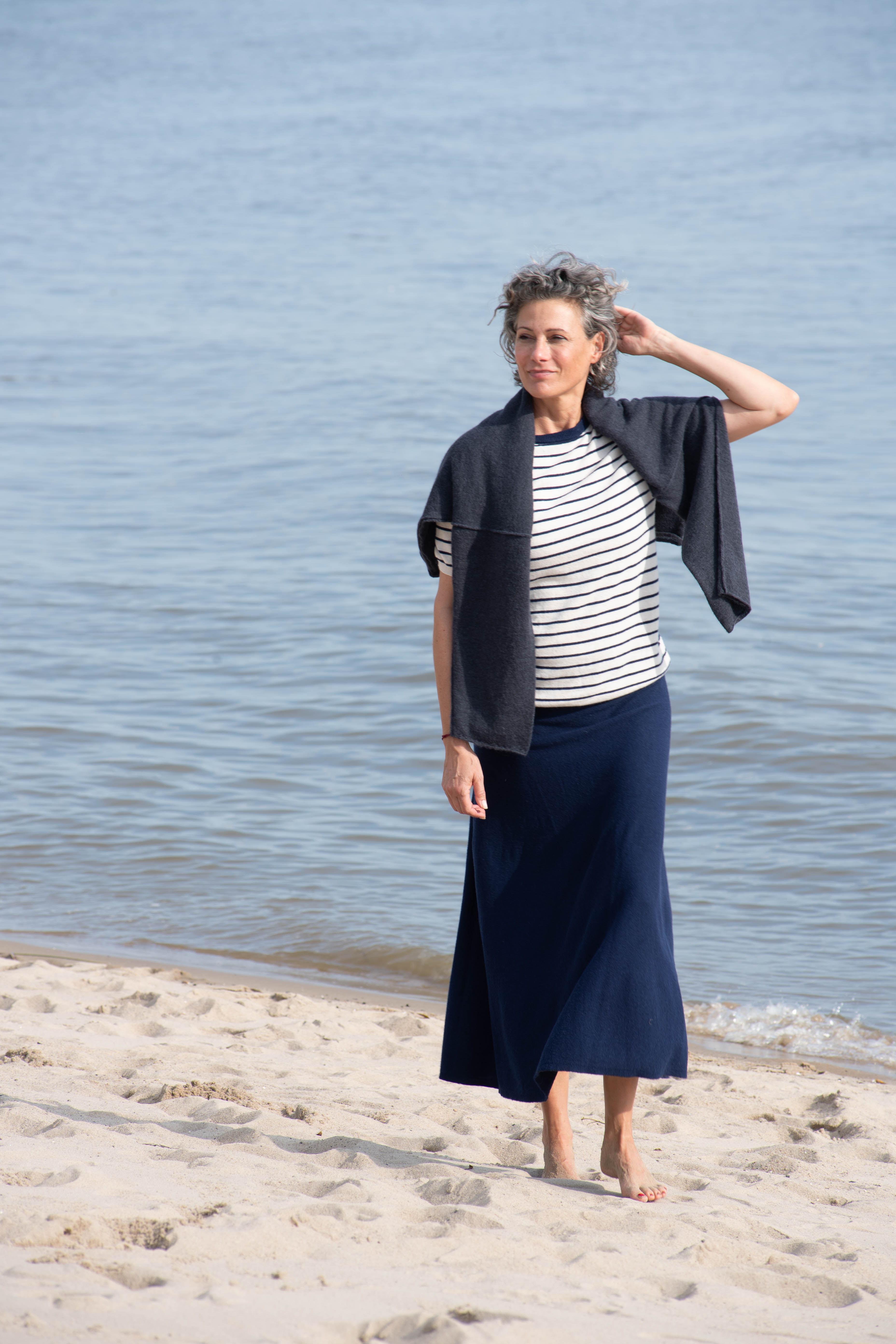 striped Strick-Shirt aus Cashmix, panna/navy